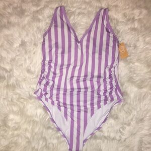 Kora Sol Lavender & White Vertical Stripe Ruched Sides One Piece Swim 18